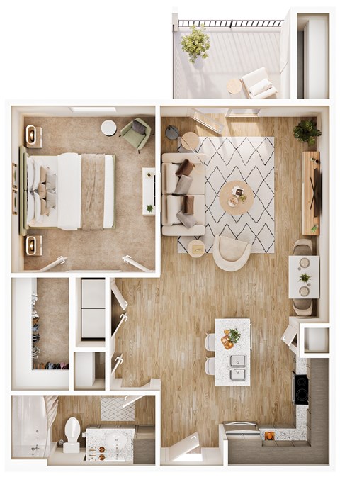 Floor plan for 1 bed, 1 bath, 742 sqft